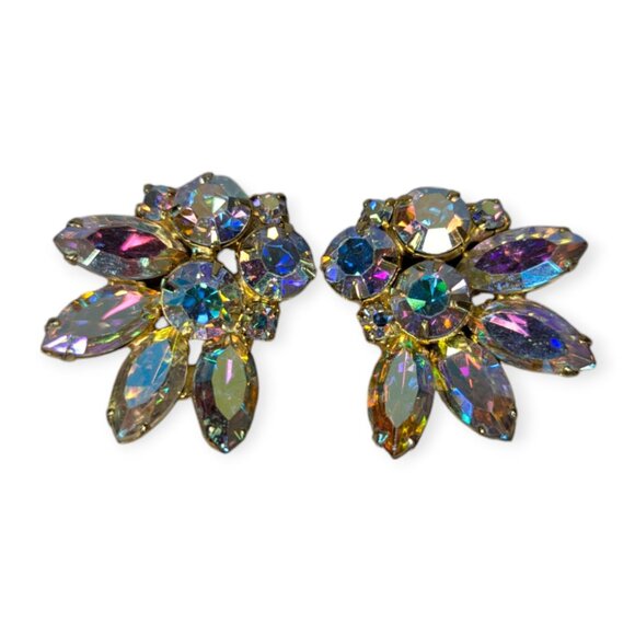 Vintage Unsigned Clip Back Gold Tone Earrings Aurora Borealis Rhinestones - Picture 1 of 6